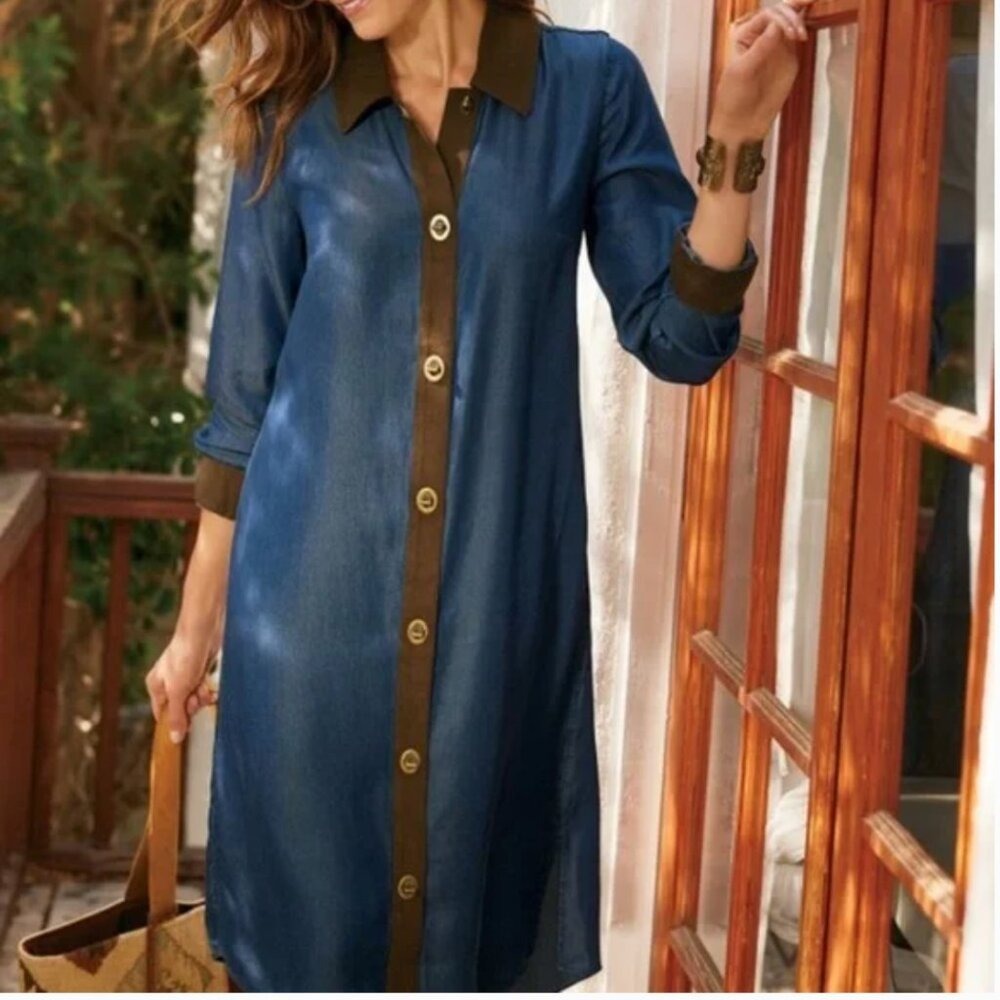 Soft Surroundings Urbina ICONS Jean Shirt Dress‎ Size SP Western Cowgirl Chic